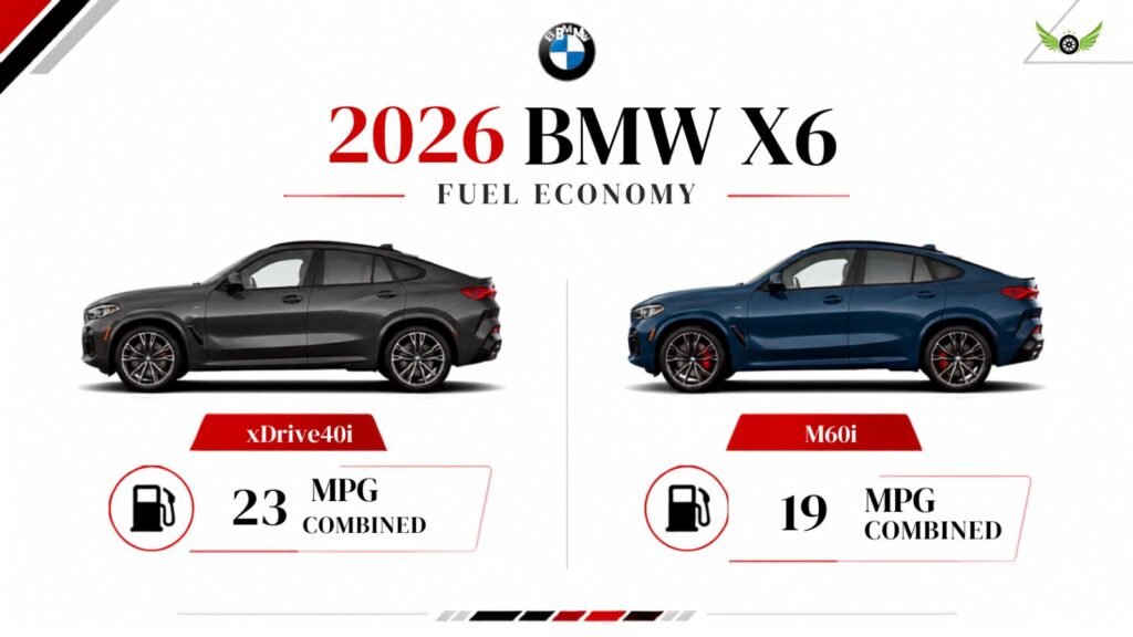 2026 BMW X6 mileage and fuel economy infographic showing combined MPG ratings