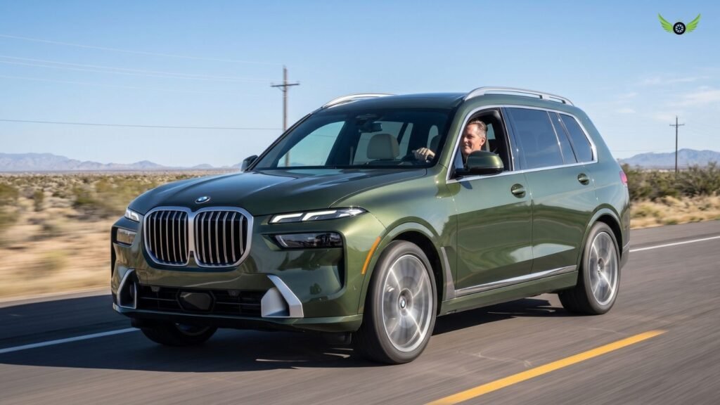 2026 BMW X7 driving on an open road during a real-world performance and driving experience review