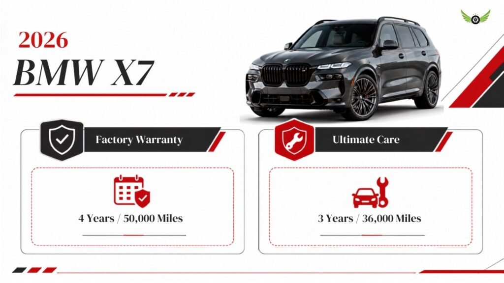 Infographic comparing 2026 BMW X7 factory warranty and scheduled maintenance coverage