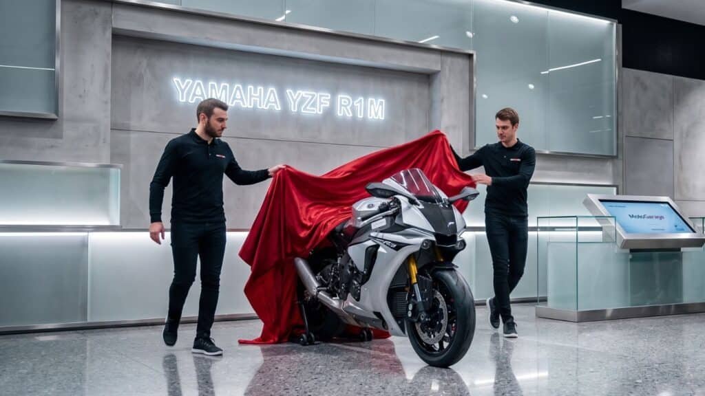 Brand-new 2026 Yamaha YZF-R1M displayed inside a premium Yamaha dealership