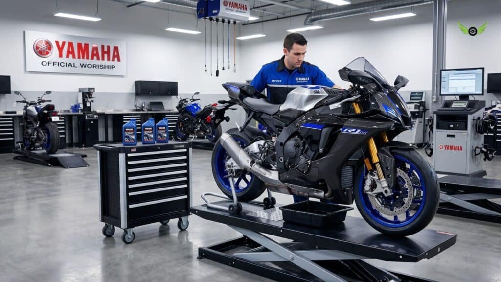 Technician servicing a 2026 Yamaha YZF-R1M at a professional workshop