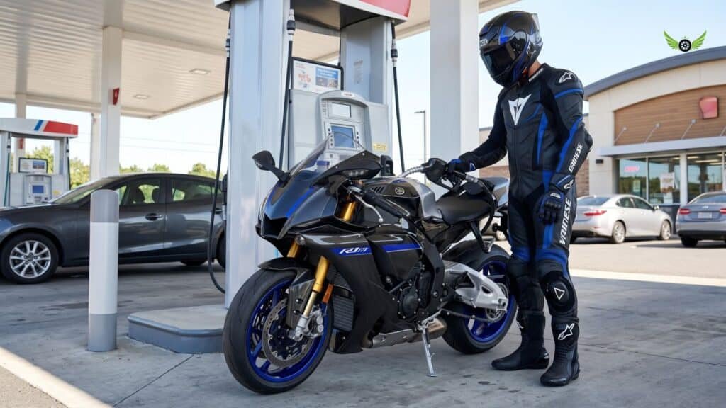 2026 Yamaha YZF-R1M at a fuel station representing ownership costs