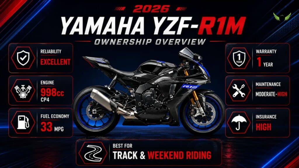 Infographic showing Yamaha YZF-R1M ownership costs, reliability, and maintenance overview