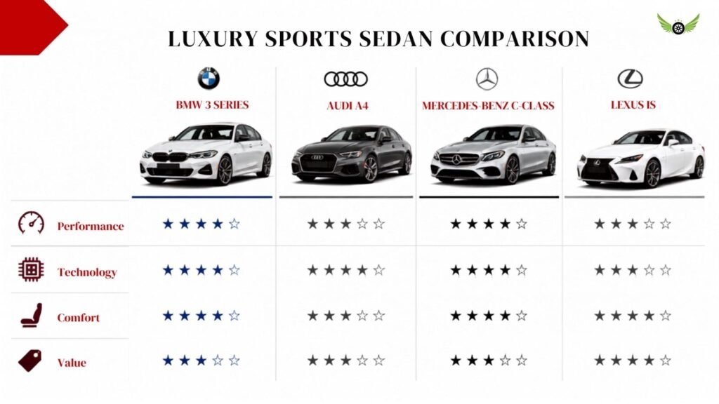 Infographic comparing the BMW 3 Series with Audi, Mercedes-Benz, and Lexus luxury sports sedans