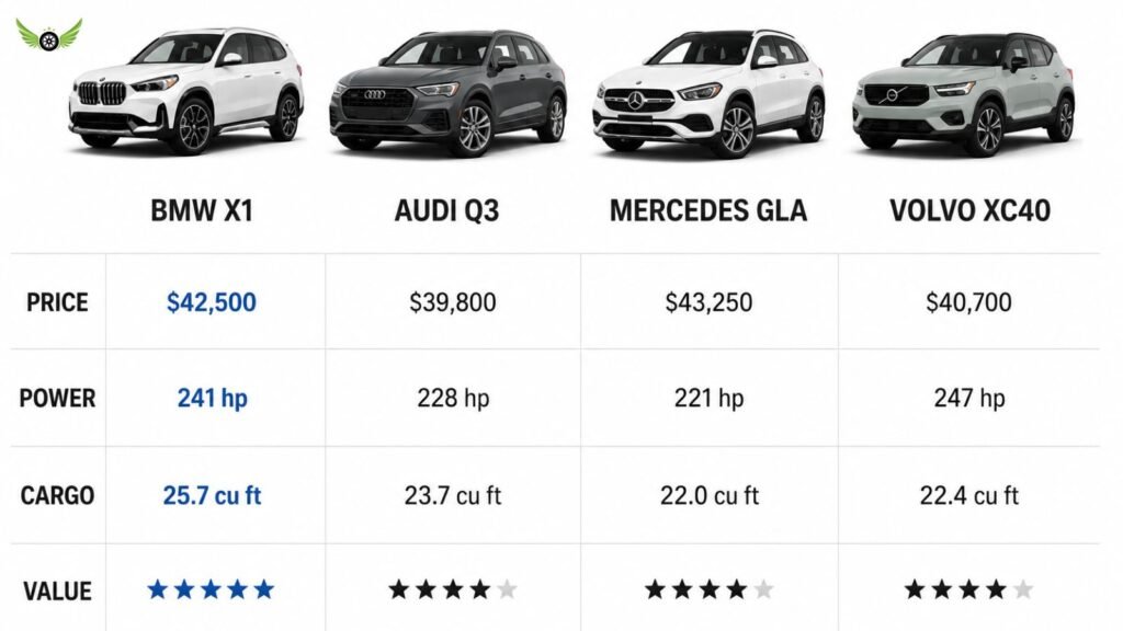 BMW X1 compared with Audi Q3 Mercedes-Benz GLA and Volvo XC40 infographic