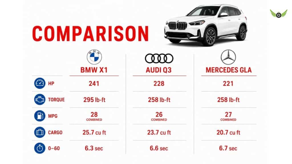 Comparison infographic of BMW X1, Audi Q3 and Mercedes-Benz GLA.