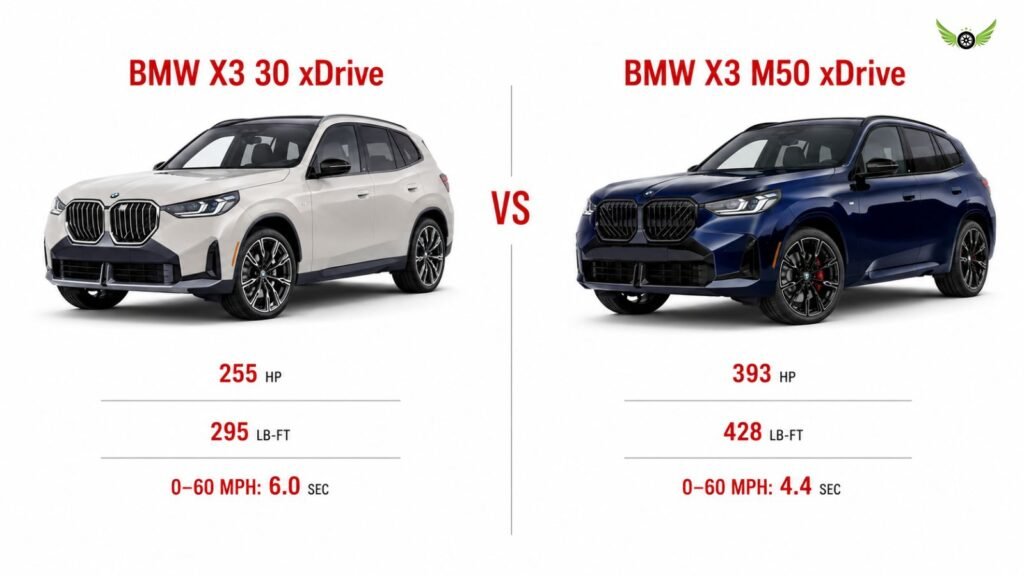 BMW X3 30 xDrive vs M50 xDrive horsepower torque and acceleration comparison