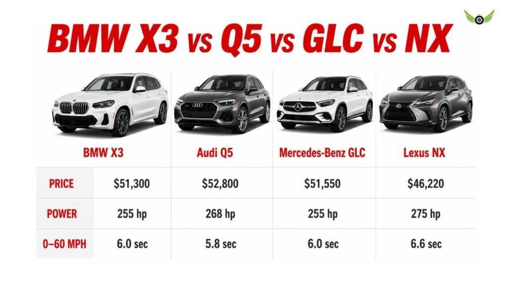 BMW X3 vs Audi Q5 Mercedes-Benz GLC and Lexus NX comparison infographic
