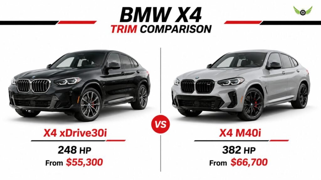BMW X4 xDrive30i and M40i trim comparison infographic