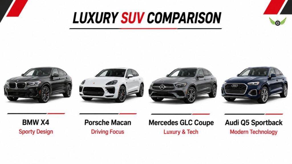 BMW X4 compared with Porsche Macan, Mercedes-Benz GLC Coupe and Audi Q5 Sportback