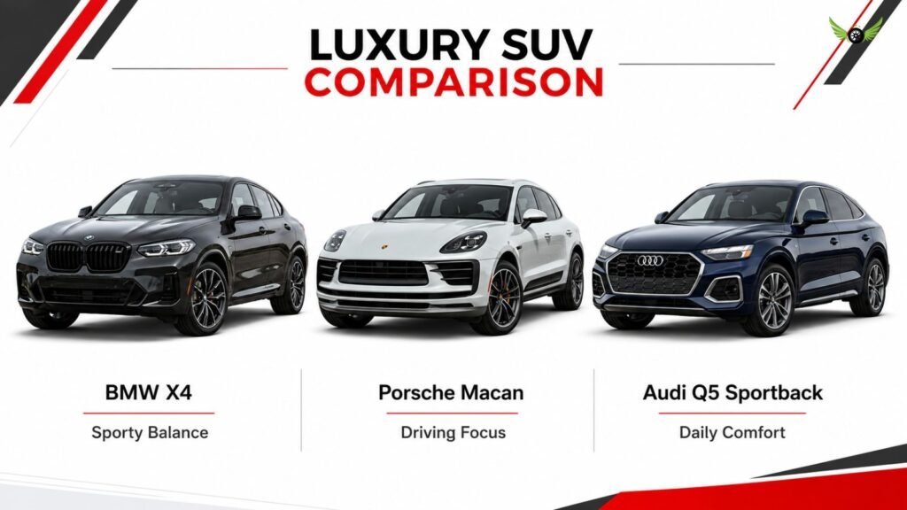 BMW X4, Porsche Macan and Audi Q5 Sportback luxury SUV comparison infographic