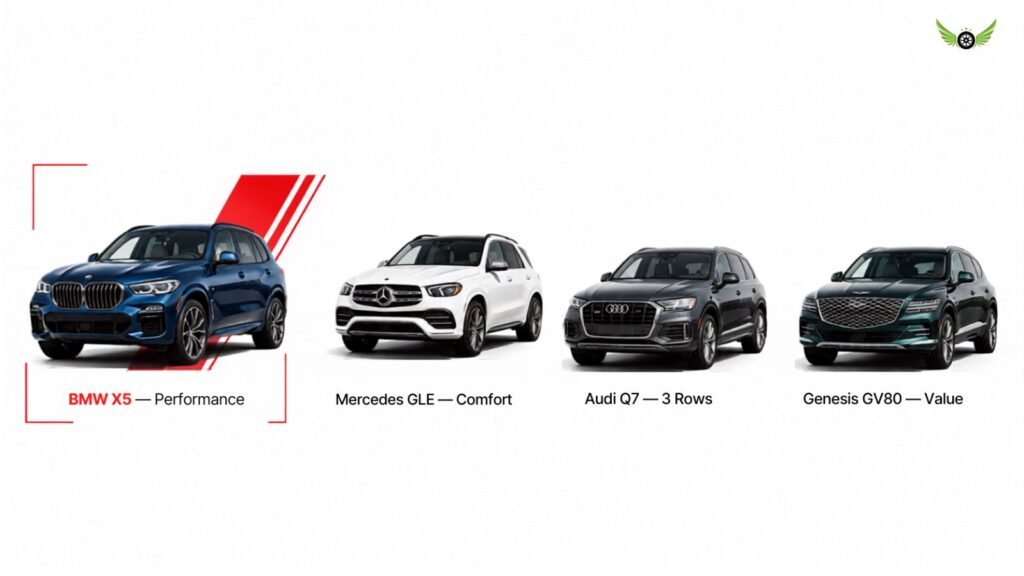 BMW X5 compared with Mercedes-Benz GLE Audi Q7 and Genesis GV80 luxury SUVs