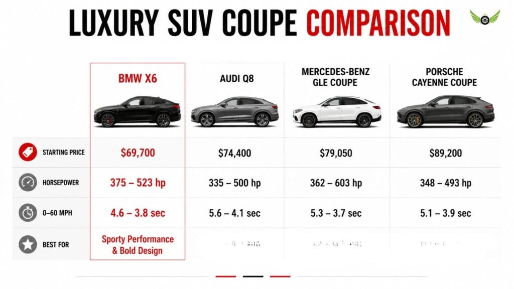 BMW X6 compared with Audi Q8, Mercedes-Benz GLE Coupe, and Porsche Cayenne Coupe