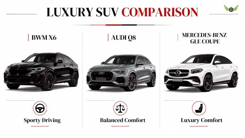 BMW X6 Audi Q8 and Mercedes-Benz GLE Coupe luxury SUV comparison infographic