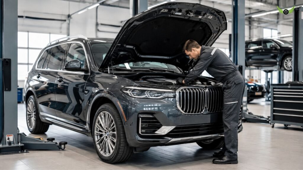 BMW X7 receiving routine maintenance and professional service inspection