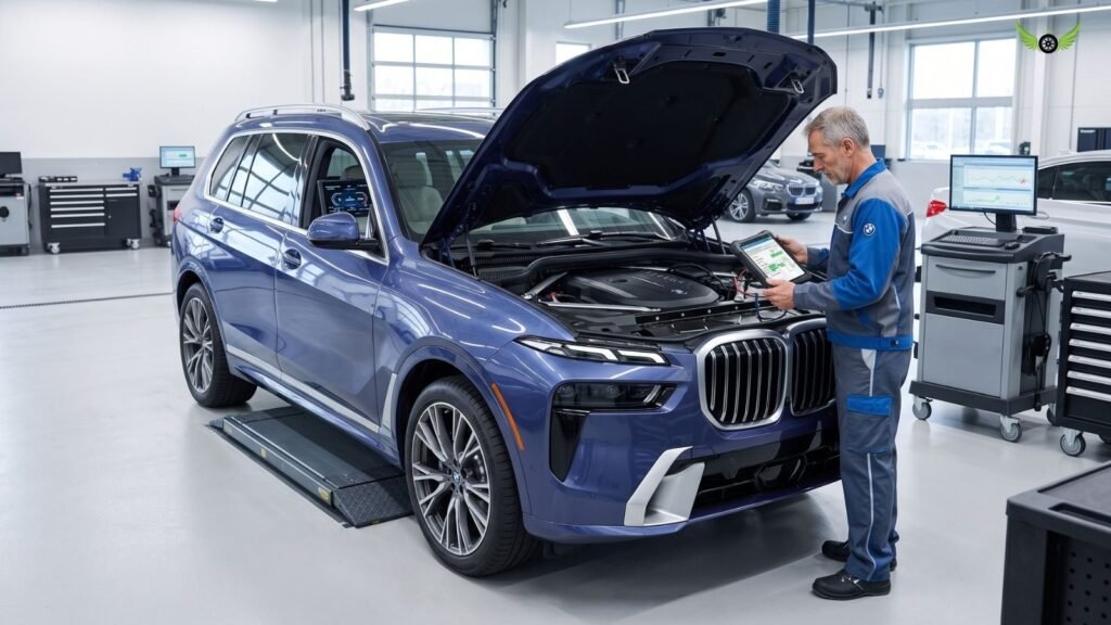 BMW X7 undergoing a professional inspection of its engine and electronic systems