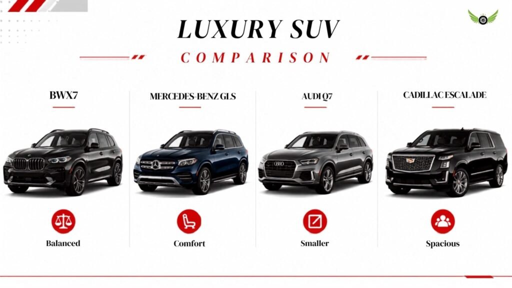 BMW X7 compared with Mercedes-Benz GLS Audi Q7 and Cadillac Escalade