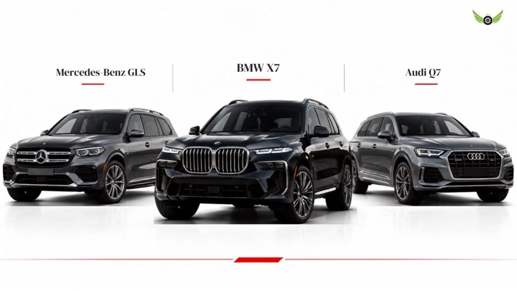 BMW X7 compared with Mercedes-Benz GLS and Audi Q7 luxury three-row SUVs