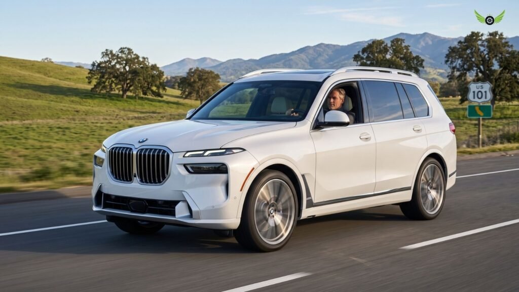 2026 BMW X7 luxury SUV driving on an open road in the USA