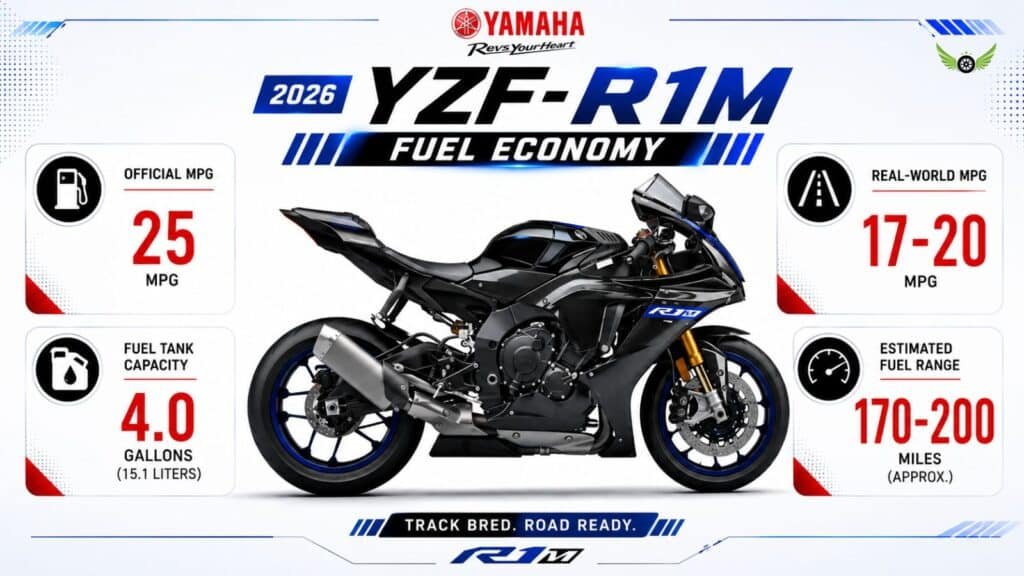 2026 Yamaha YZF-R1M mileage infographic showing official MPG, real-world MPG, fuel tank capacity, and fuel range.