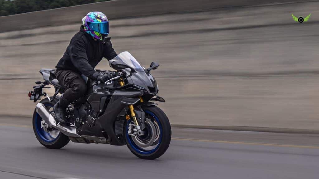 2026 Yamaha YZF-R1M leaning through a mountain road in the USA during real-world riding.