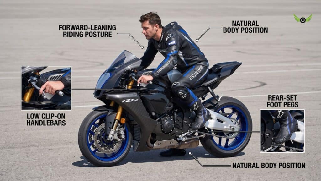 Rider sitting on a 2026 Yamaha YZF-R1M showing the aggressive riding position and ergonomics.
