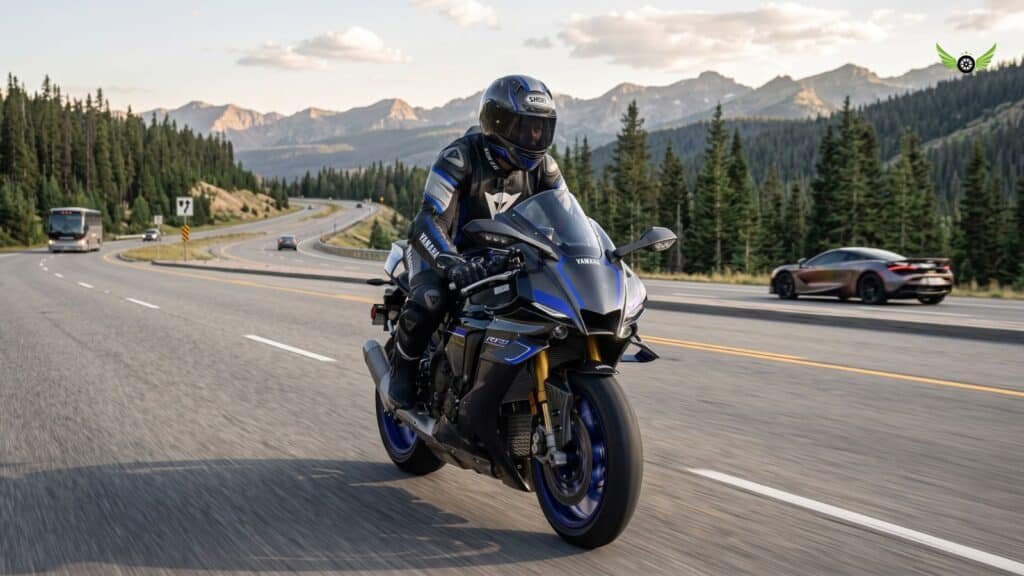 2026 Yamaha YZF-R1M riding on a clean American public road during daytime.