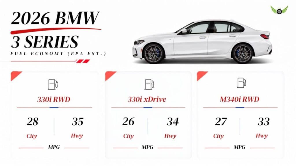 2026 BMW 3 Series MPG and fuel economy infographic comparing 330i and M340i models