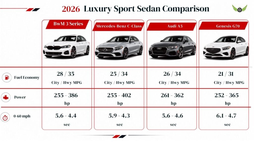 2026 BMW 3 Series compared with luxury sedan rivals for fuel economy and performance
