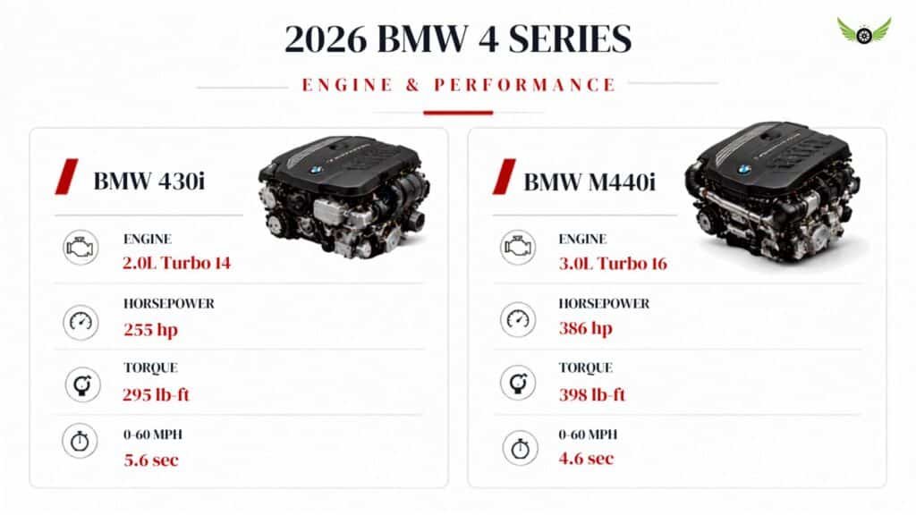 2026 BMW 4 Series 430i and M440i engine performance specifications infographic