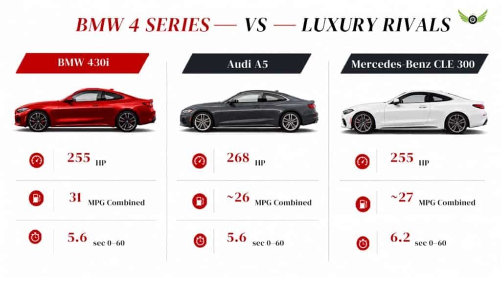 2026 BMW 4 Series vs Audi A5 and Mercedes CLE comparison infographic