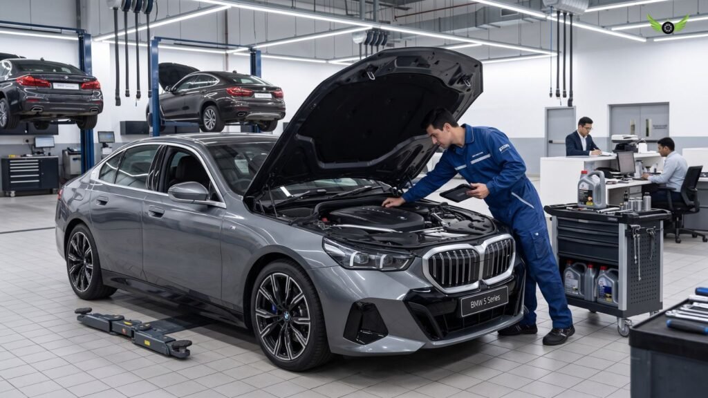 2026 BMW 5 Series undergoing professional maintenance service