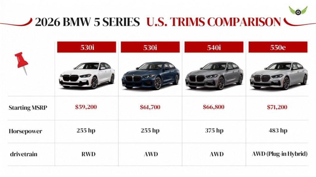 2026 BMW 5 Series trims and price comparison infographic