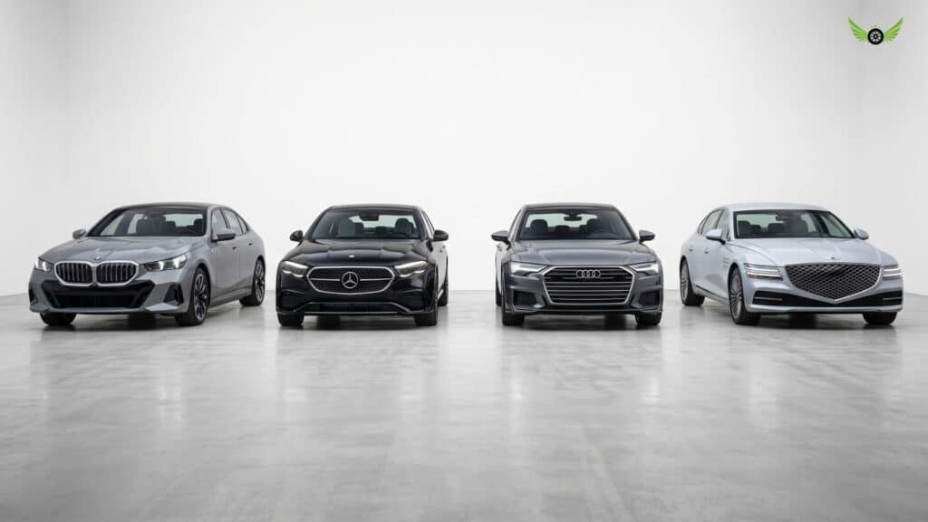 2026 BMW 5 Series compared with Mercedes-Benz E-Class Audi A6 and Genesis G80