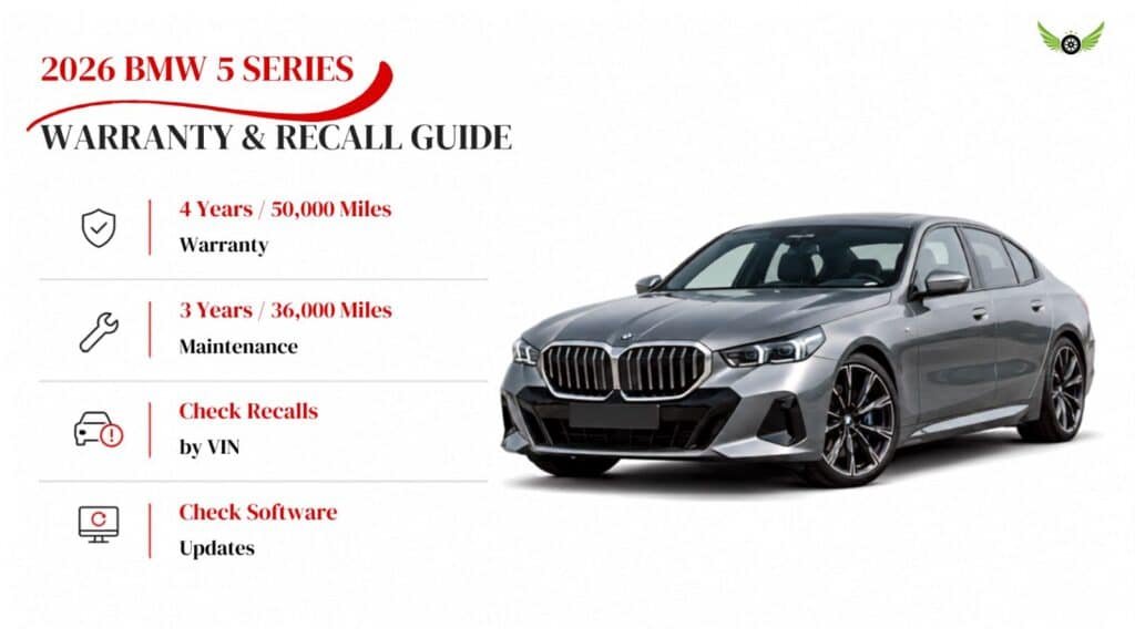 2026 BMW 5 Series warranty and recall information infographic