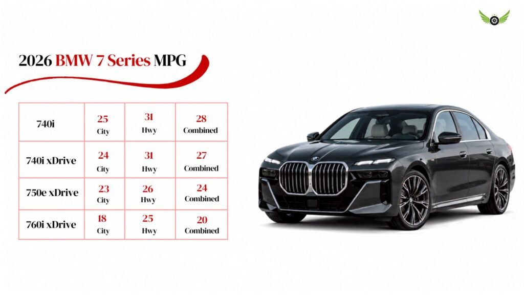 2026 BMW 7 Series MPG and fuel economy by powertrain infographic