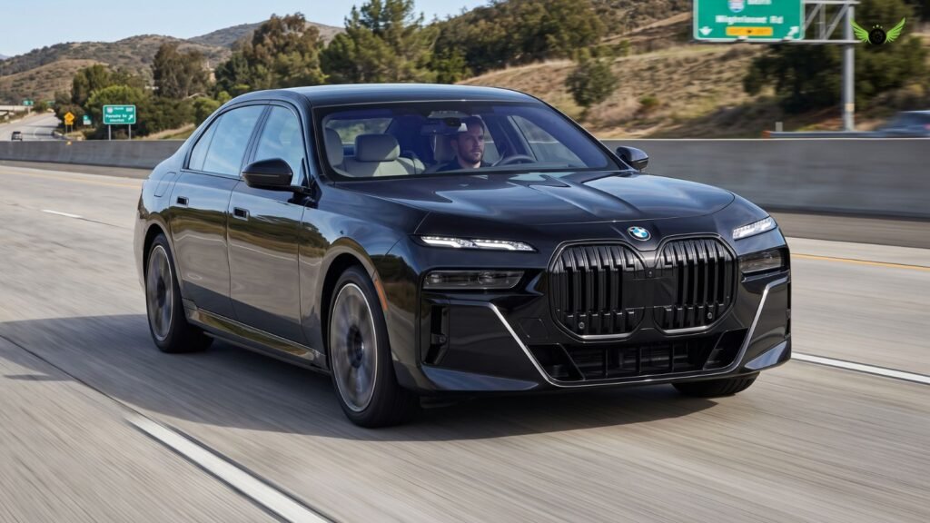 2026 BMW 7 Series driving on a highway during a real-world driving review