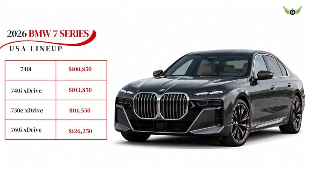 2026 BMW 7 Series trims and U.S. starting price comparison infographic