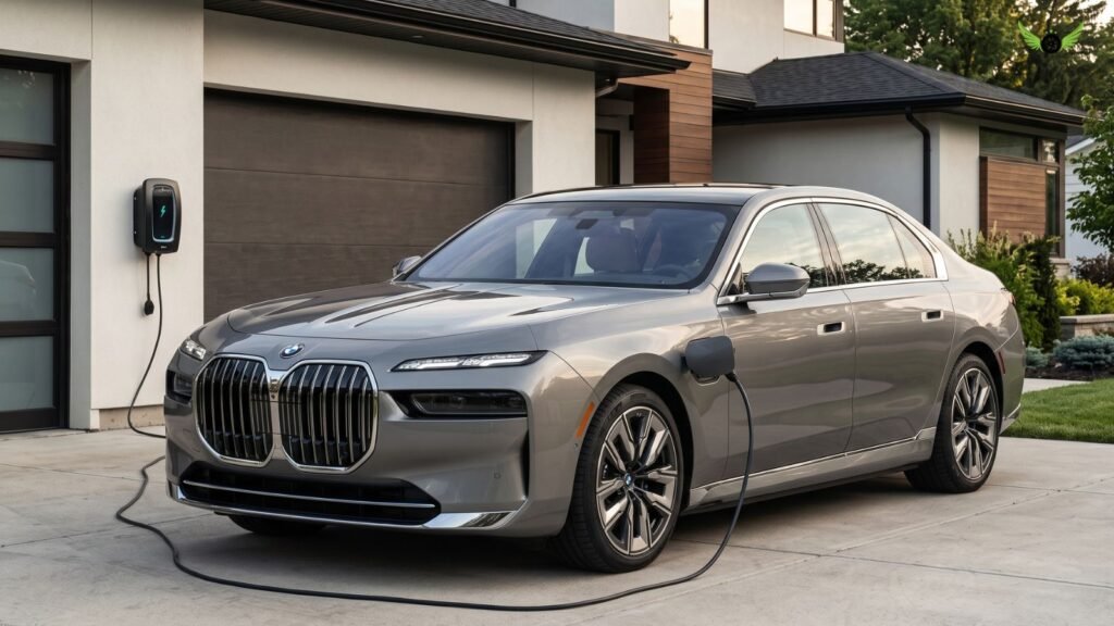 2026 BMW 750e xDrive plug-in hybrid charging at a home Level 2 charger