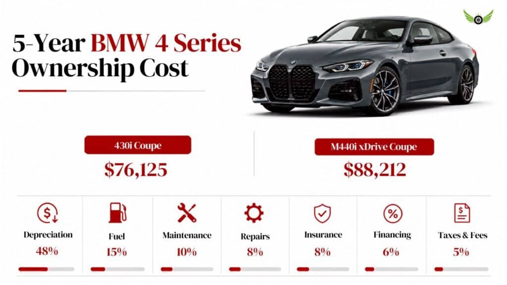 BMW 4 Series five-year ownership cost infographic by Vehicle Review Hub