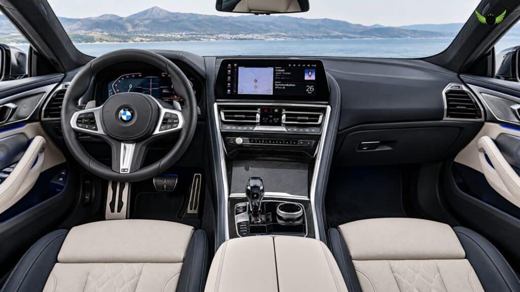 BMW 8 Series interior dashboard with infotainment display and front seats