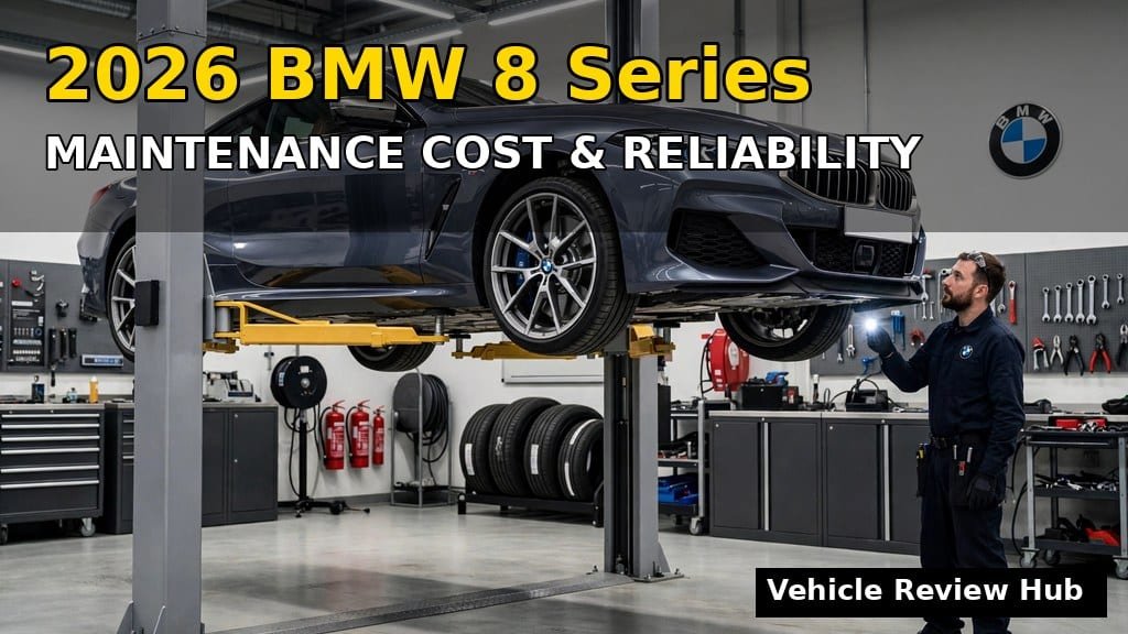 Black 2026 BMW 8 Series on a lift in a workshop in a reliability graphic