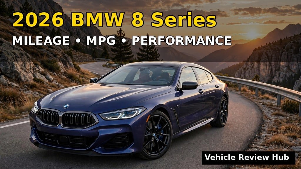 Blue 2026 BMW 8 Series on a winding mountain road at sunset in a graphic