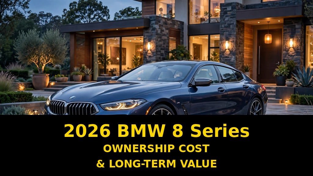 Blue 2026 BMW 8 Series in front of a modern house at dusk in a graphic