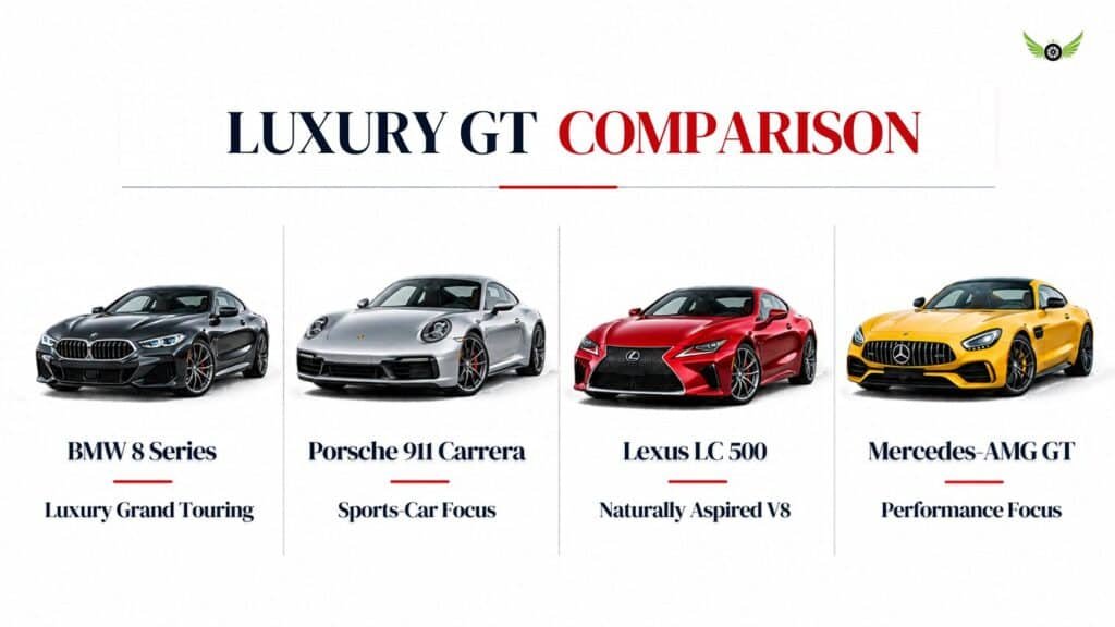 Infographic comparing the BMW 8 Series, Porsche 911 Carrera, Lexus LC 500, and Mercedes-AMG GT