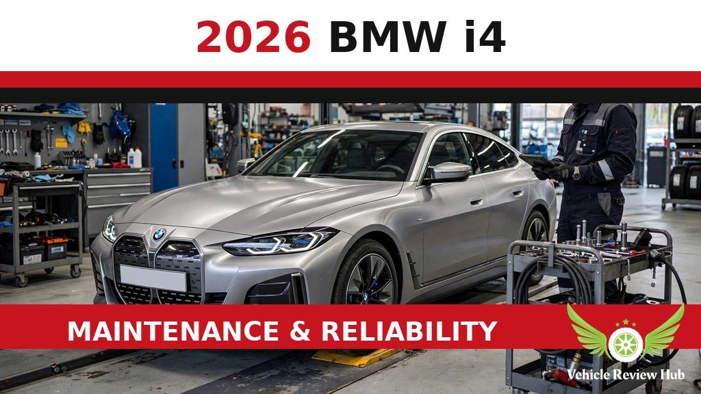 Silver 2026 BMW i4 with a mechanic in a maintenance guide graphic