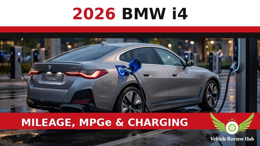 Gray 2026 BMW i4 charging at a station in a mileage guide graphic