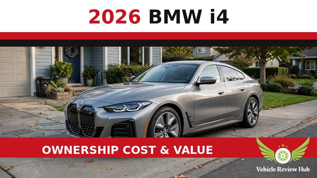 Silver 2026 BMW i4 in front of a house in an ownership cost guide graphic