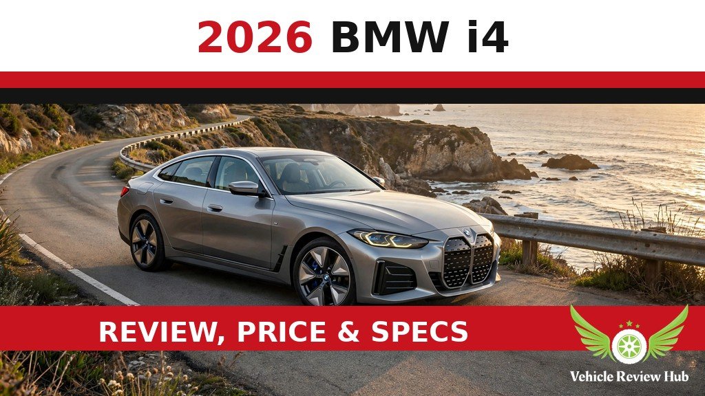 Gray 2026 BMW i4 on a coastal road in a review graphic