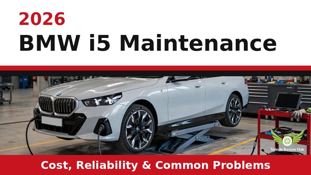 White 2026 BMW i5 on a lift in a service garage in a maintenance guide graphic